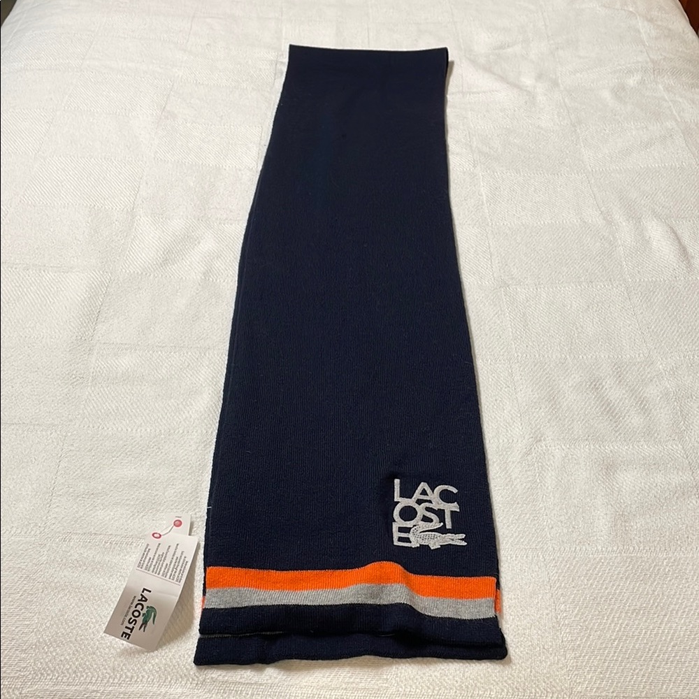 Lacoste Navy Scarf with Orange and Gray strips - NEW with tags - one size